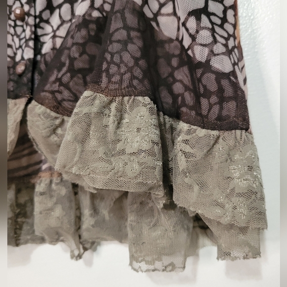 Lapis Lace Mesh Feather Print Coquette Fairy Top Large Brown - Picture 8 of 11